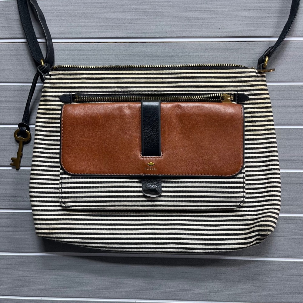 Fossil Striped Canvas Leather Crossbody Bag Tan Black Key Charm Shoulder Bag‎